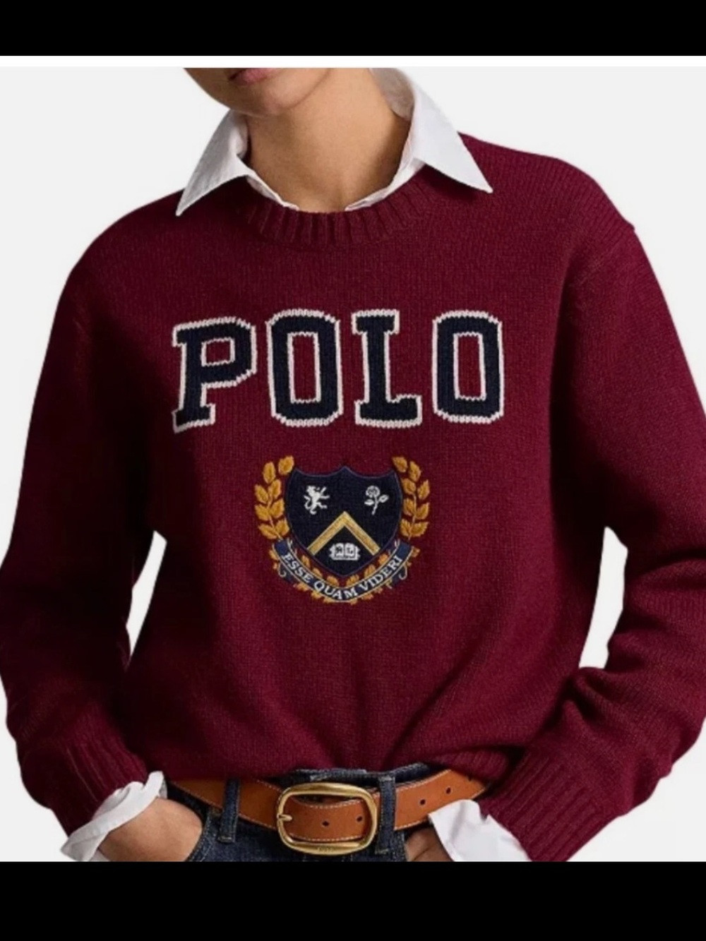 Polo Ralph Lauren Women's Sweater Burgundy Crest Logo Knit Wool Size XS Used